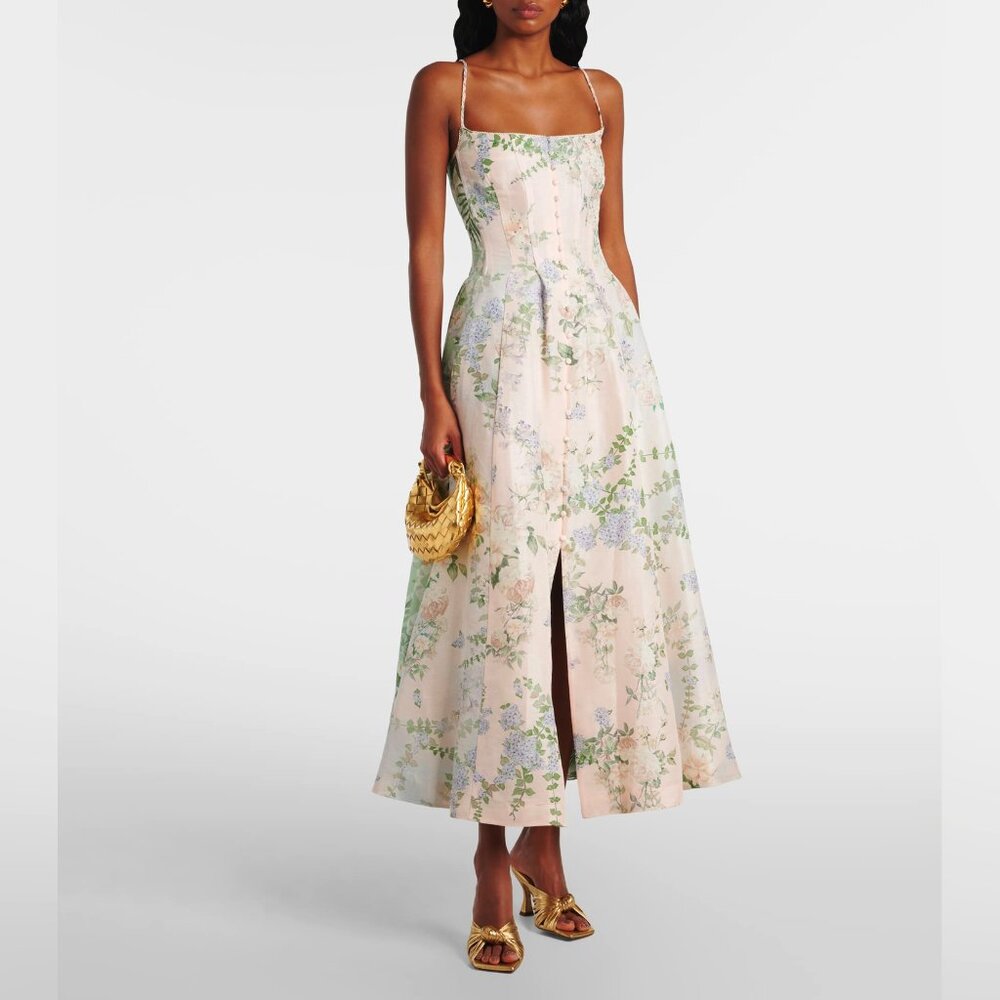 CAMILLA Embellished floral-print linen and silk-blend midi dress